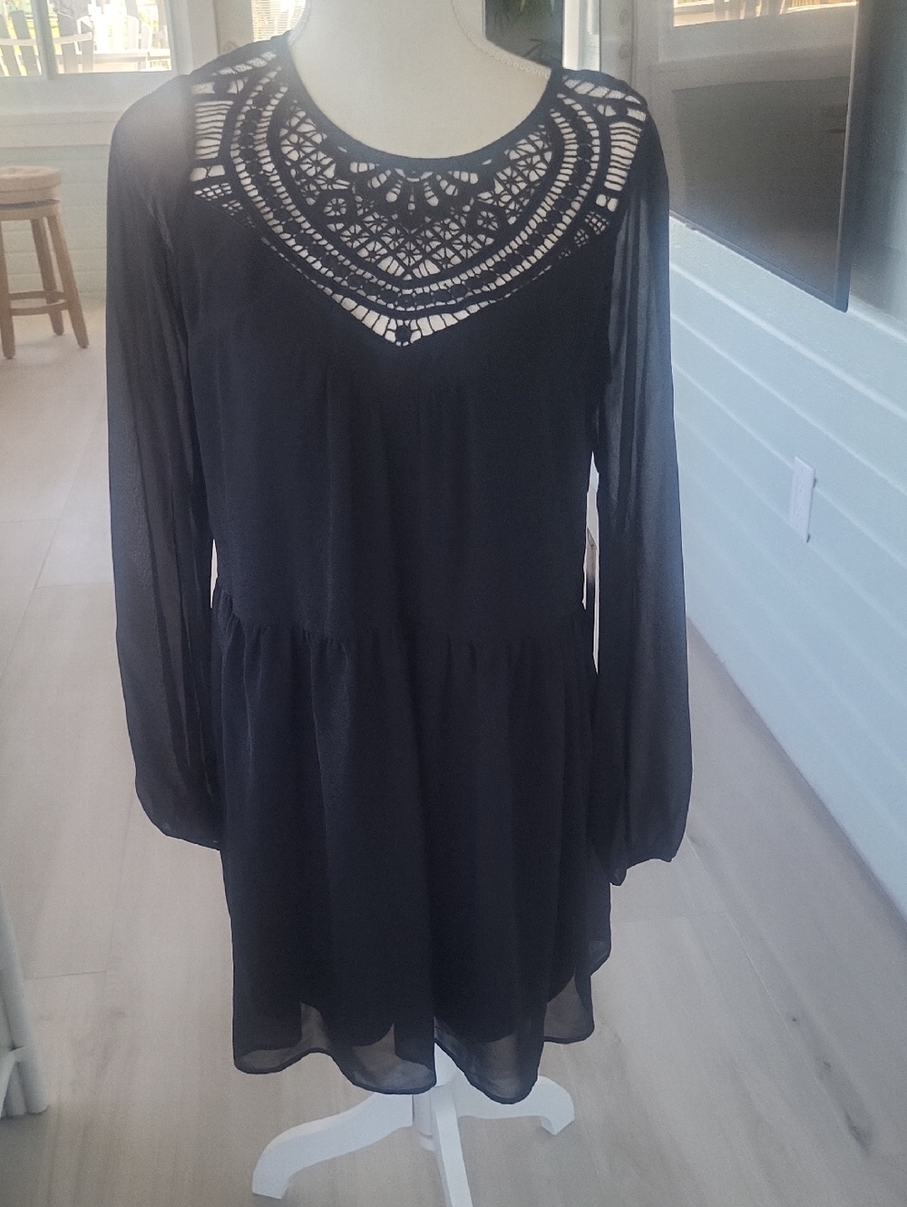 Express Black Long-Sleeve Crochet Yoke Dress